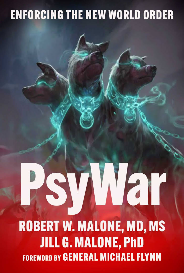A book cover with the title and authors' names in a white letters over an image of a three-headed black dog with collars featuring a demon's head connected to multiple chains, against a backdrop of darkness, with redness underneath and luminescent blue smoke all around.