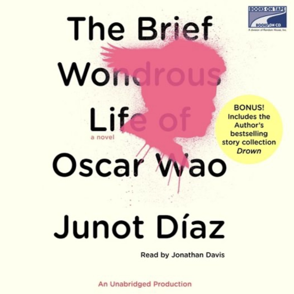 An audiobook cover with a white background and a monochrome pink image of a chubby man's head in silhouette with large bird wings in his hair, superimposed over the title, with author's name and some other information about the book in black letters