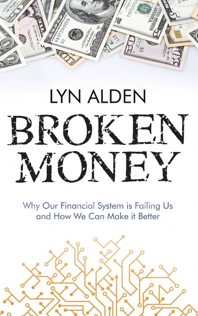 A book cover with the book’s title, subtitle, and author’s name in large letters in the center, with a photo of U.S. paper currency above and a drawing of circular nodes connected by orange lines below, on a white background