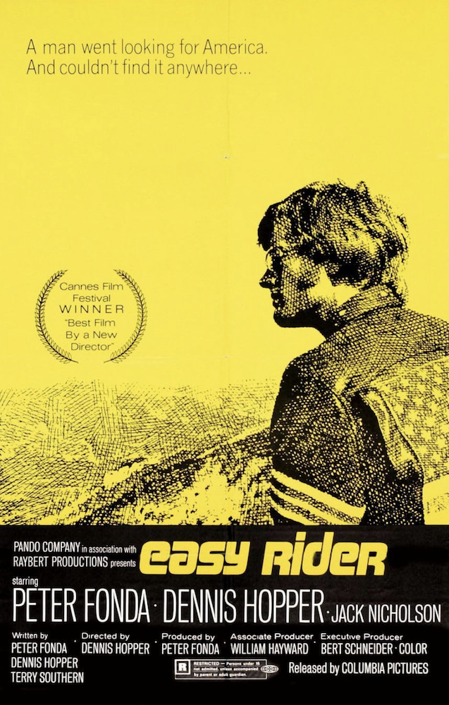 A movie poster featuring an low resolution, black-ink image or drawing of a man in sunglasses and a jacket, with the American flag on his back, gazing into the distance, with a bright yellow background that also contains an award symbol and the movie's tagline, above information about the movie including its title and stars and other, more detailed information