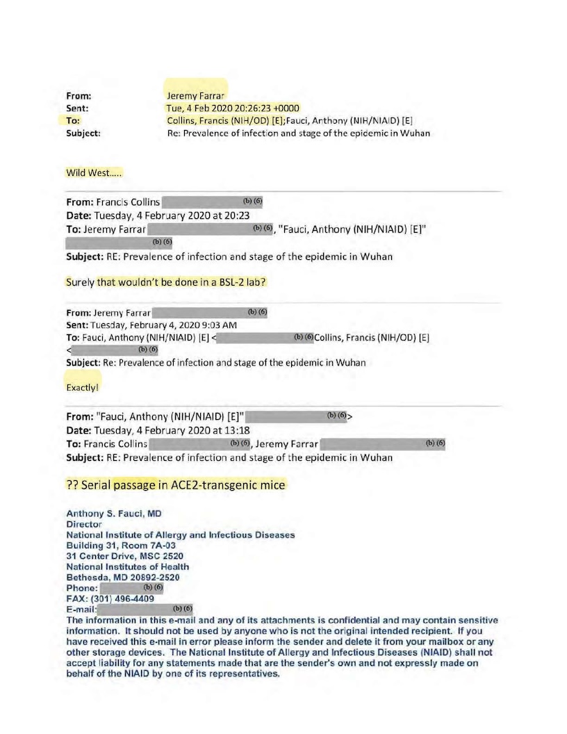 An email thread between Anthony Fauci, Froncis Collins, and Jeremy Farrar