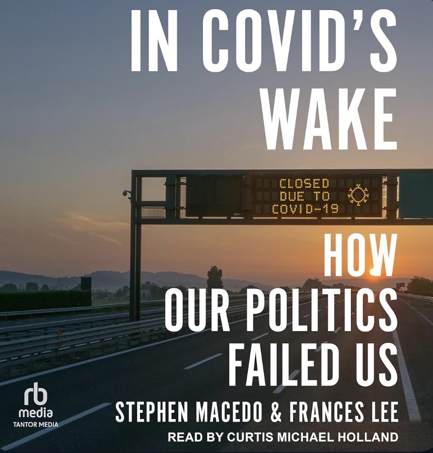 An audiobook cover with the title, subtitle, and authors' names over a picture of a highway at sunset or sunrise, with a signboard above the highway saying it is closed due to COVID-19
