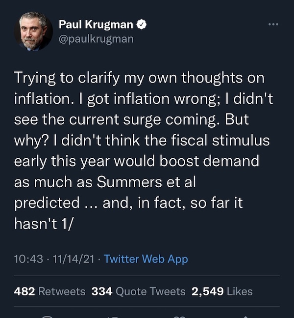 Screenshot of a tweet sent by Paul Krugman in which he states 'I got inflation wrong'