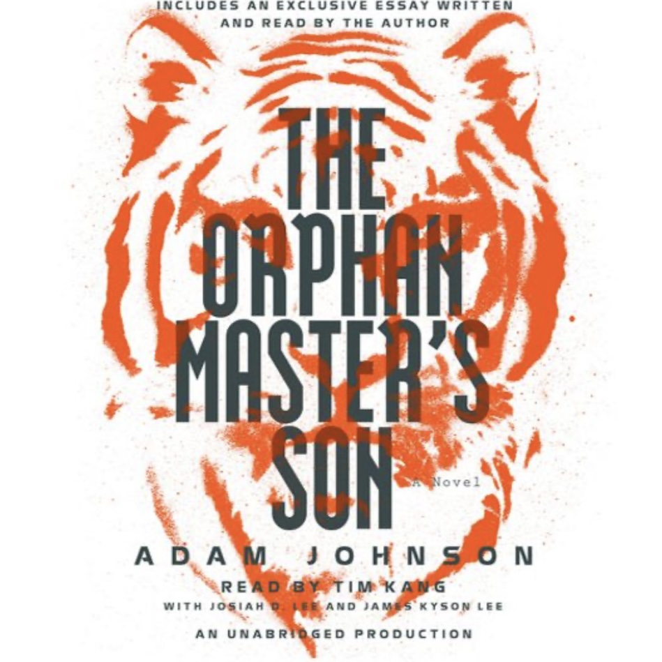 An audiobook cover with a white background and a monochrome orange image of a tiger's head, superimposed with the title and author's name and some other information about the book in dark capital letters
