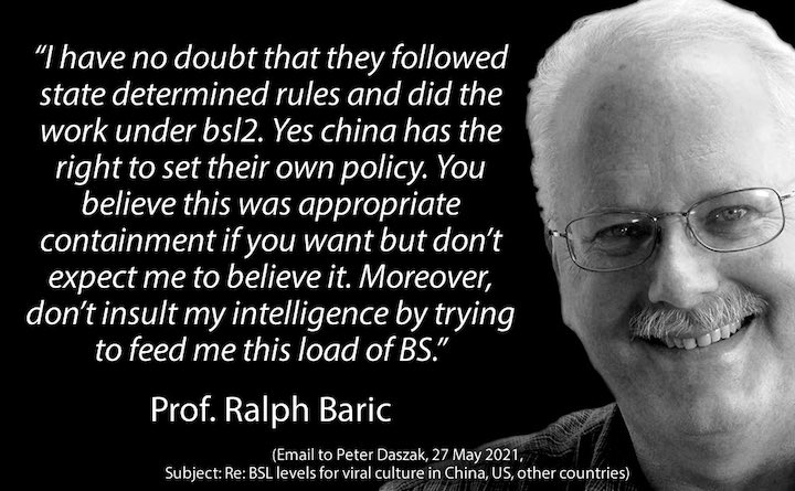 A black and white portrait shot of a middle-aged man with receding hairline, glasses, and moustache, next to a quote from the man, Ralph Baric, discussing the dangers of doing work under BSL-2 lab conditions in China
