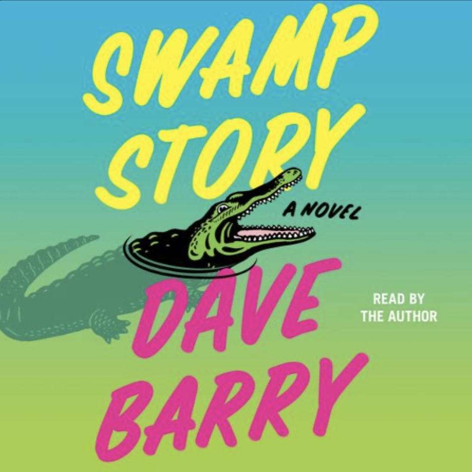 A book cover with the book’s title and author’s name in large letters over a simple drawing of an alligator with its teeth bared while poking its head above the waterline, all in bright neon colors